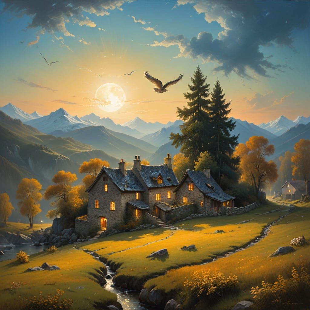 Nocturnal Mountain Village Scene in Romantic Oil Painting St...