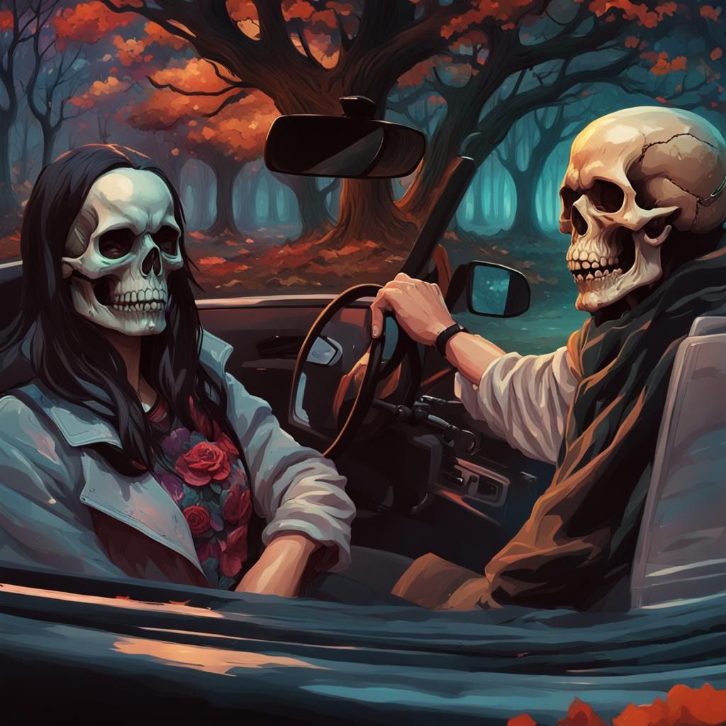 Skull and Girlfriend in Spooky Woods, Detailed Portrait