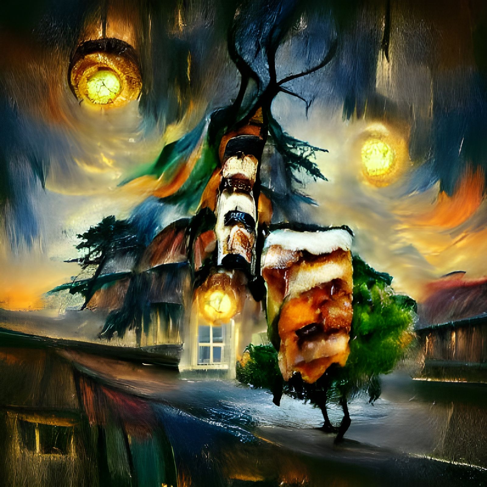 Treehouses at Nightfall: Retro Artstation Painting