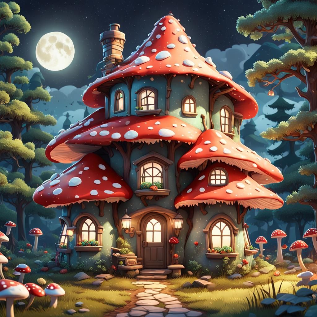Mushroom House in Starry Forest: 3D Digital Art