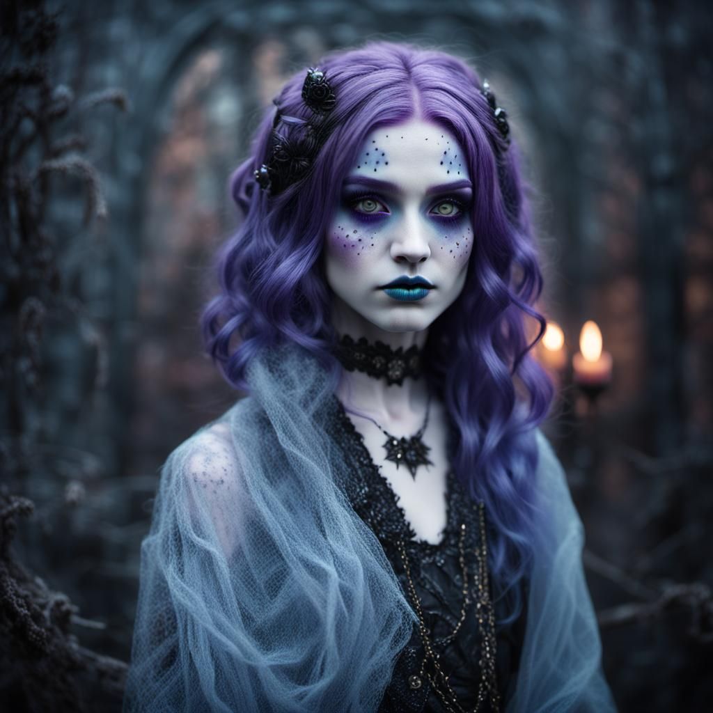 Cinematic Dark Fantasy Portrait of Woman with Purple Hair