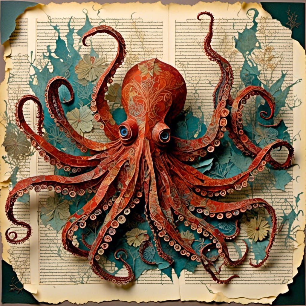 Papercut Collage Octopus with Layered Shadows