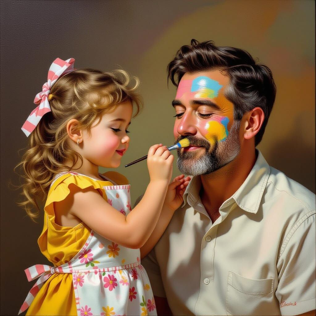 Girl Paints Father's Face in Photorealistic Style