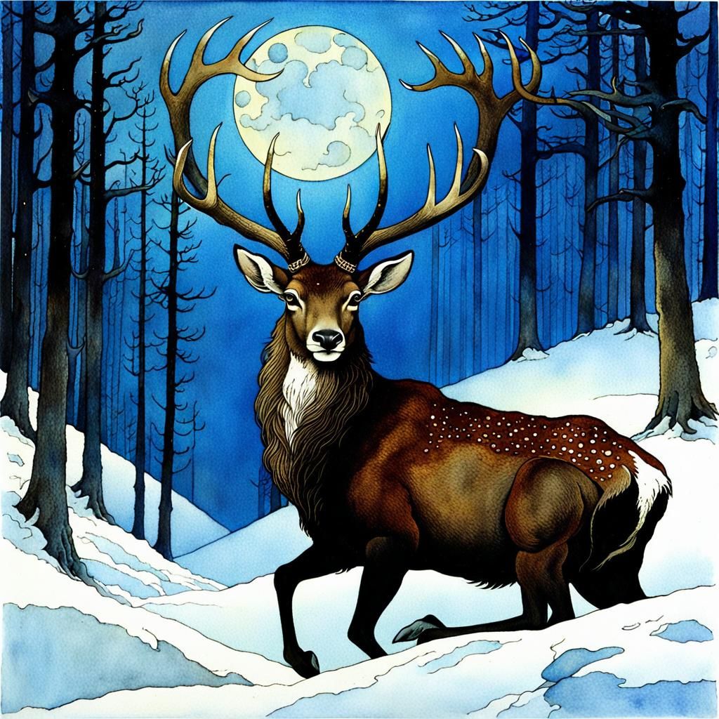 Antlered Woman in Detailed Watercolor Style