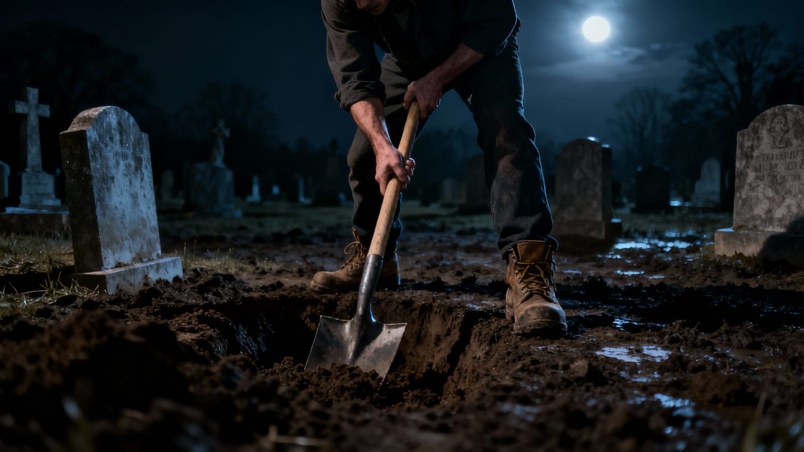 Man Digging Grave in Eerie Moonlight Cemetery