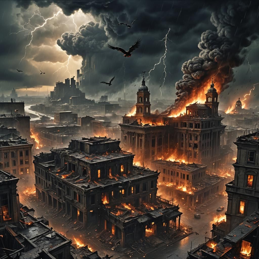 Post-Apocalyptic City in Flames: Baroque Digital Art