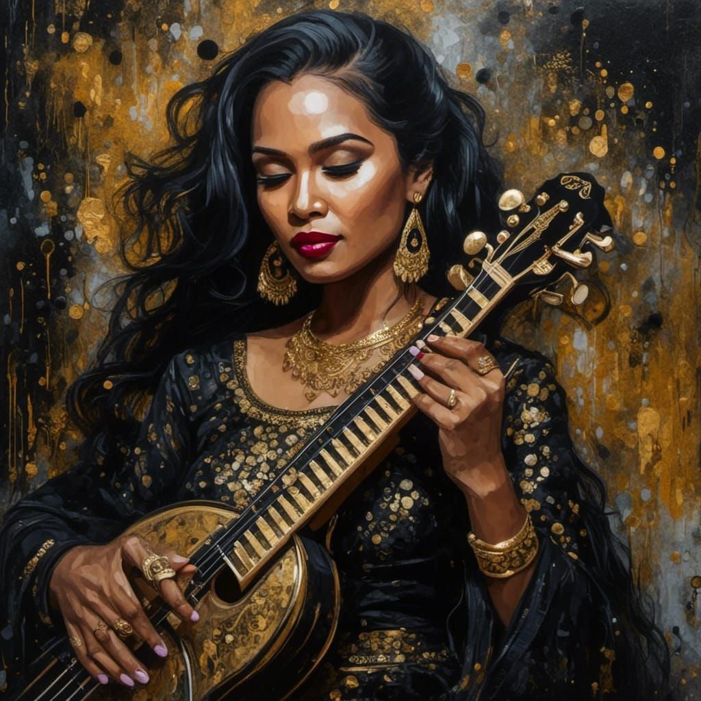 Indian Woman with Sitar in Mixed Media Portrait