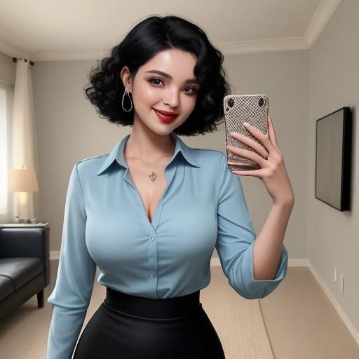Woman with Curly Hair Taking Selfie in Living Room