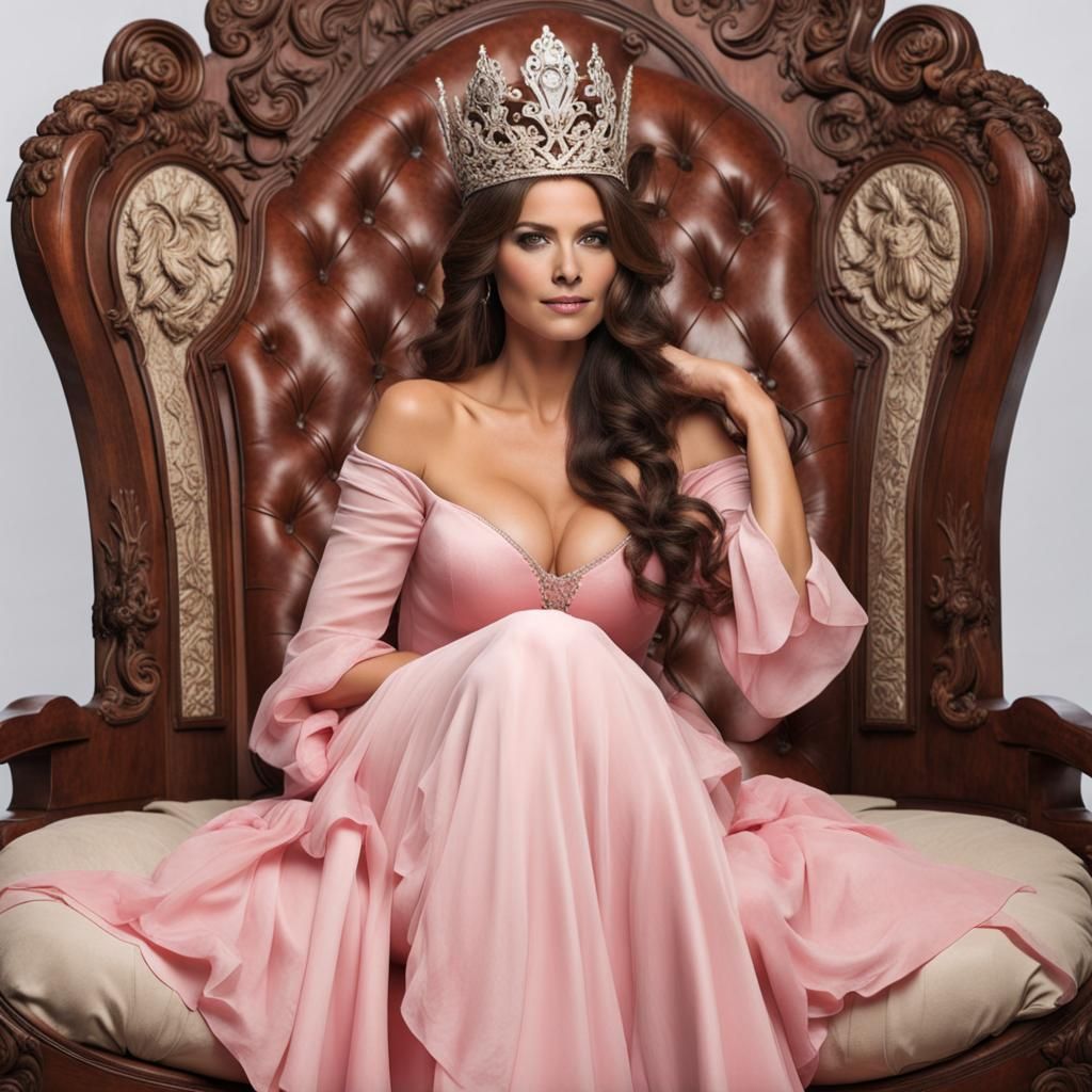 Beautiful Princess on Throne Served by Maids