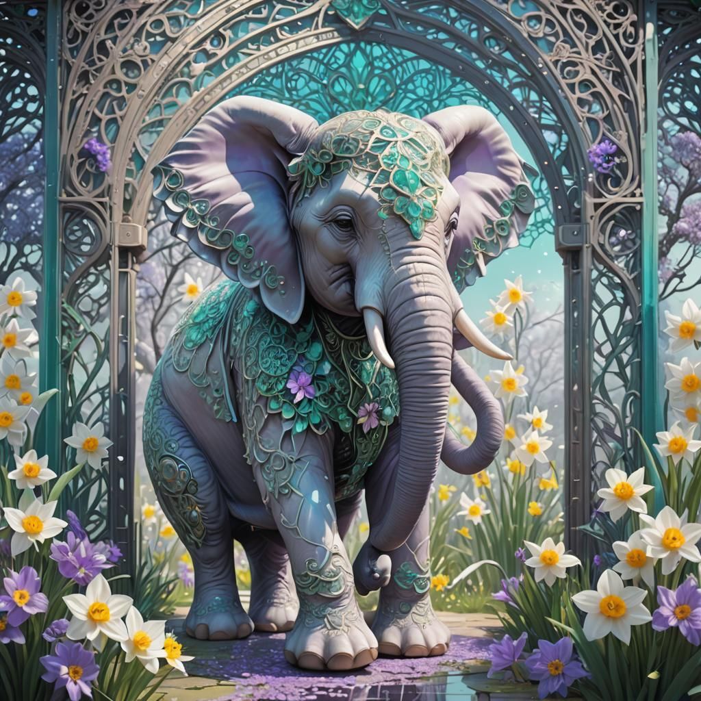 Opalescent Filigree Portal with Iridescent Elephant and Daff...