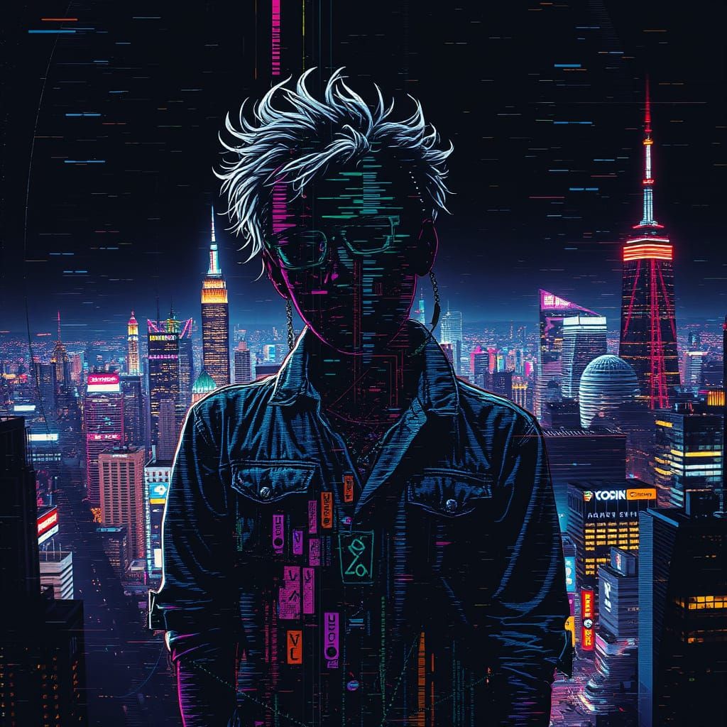 Distorted Glitch Figure Melts into Cyberpunk Cityscape