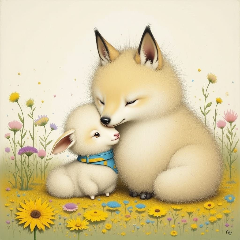 Affectionate Lamb and Wolf in Sunny Meadow