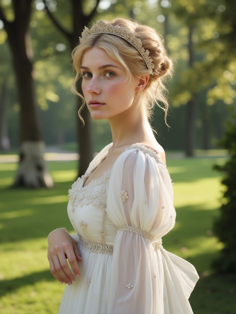 Girl in Regency Costume in Palladian Garden