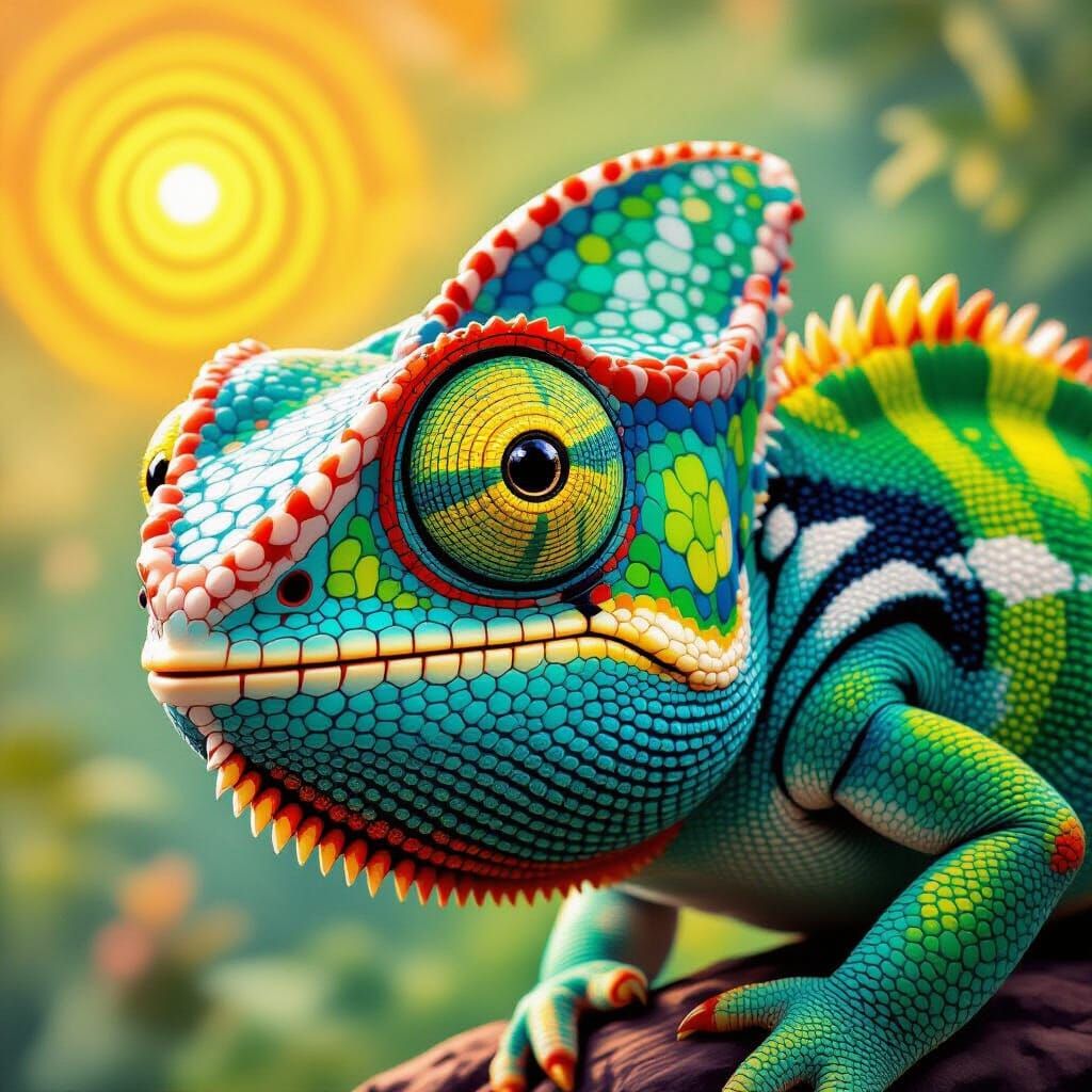 Surreal Chameleon Head with Swirling Eyes