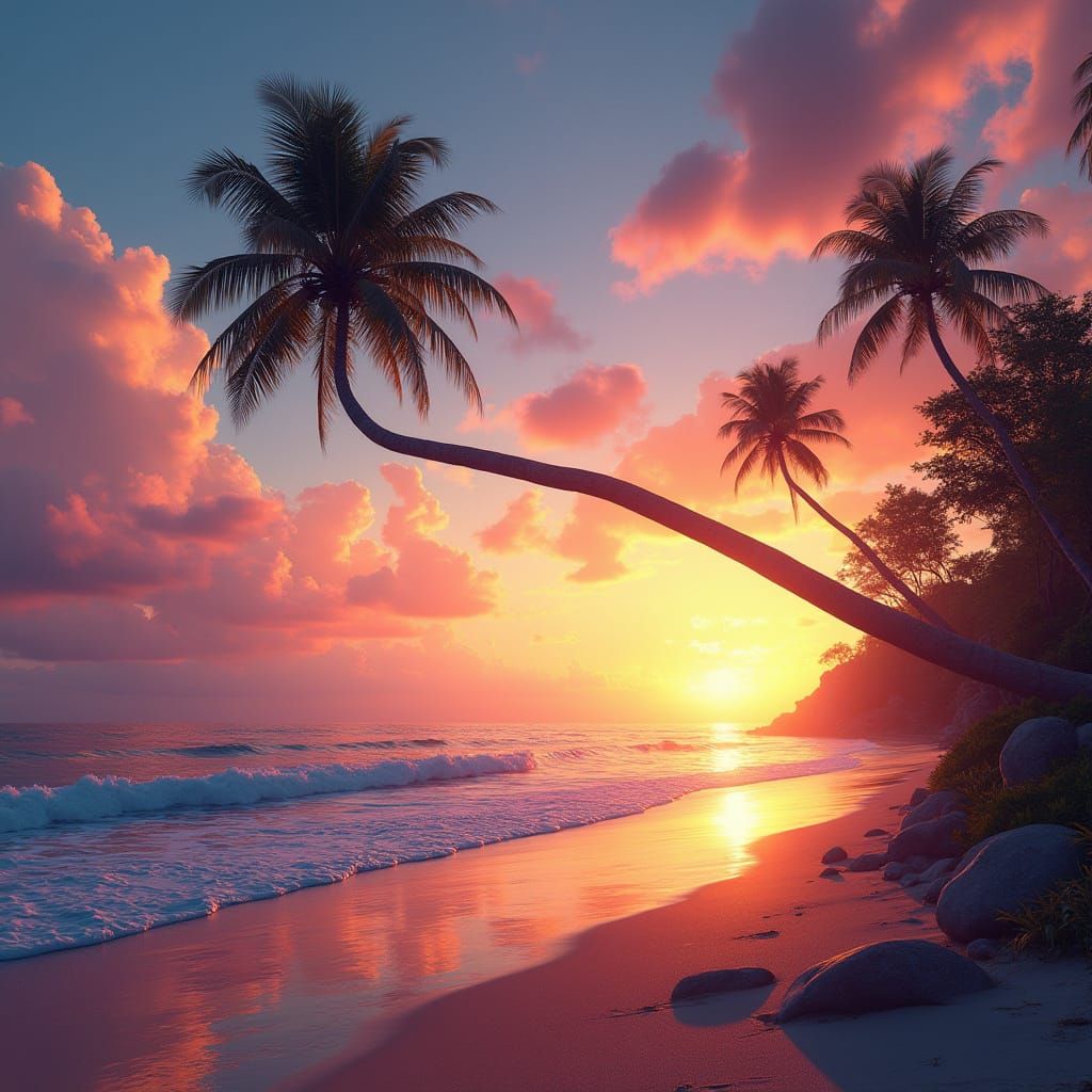 Surreal Sunset Beach Scene in Vibrant Colors