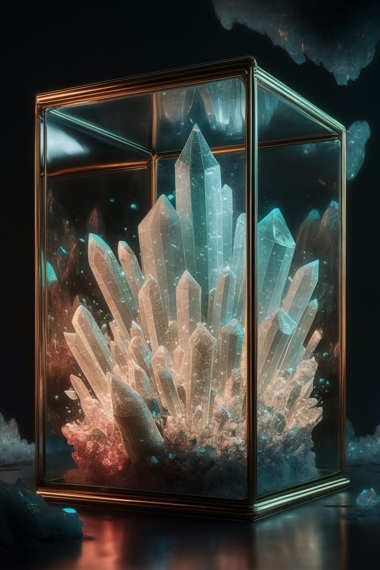 Bioluminescent Crystals in Glass Box: CGI Artwork