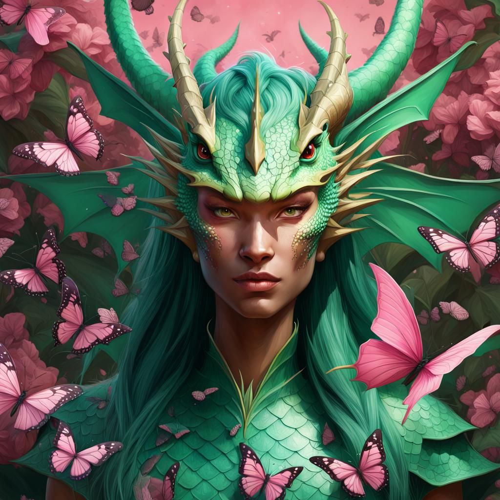 Green Dragon in Pink Sky: Hyperdetailed Digital Portrait