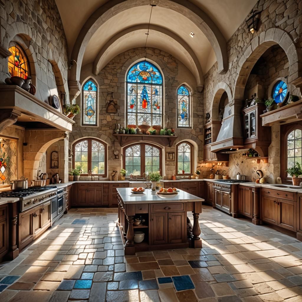 Cozy Italian Villa Kitchen with Rustic Stone Arches