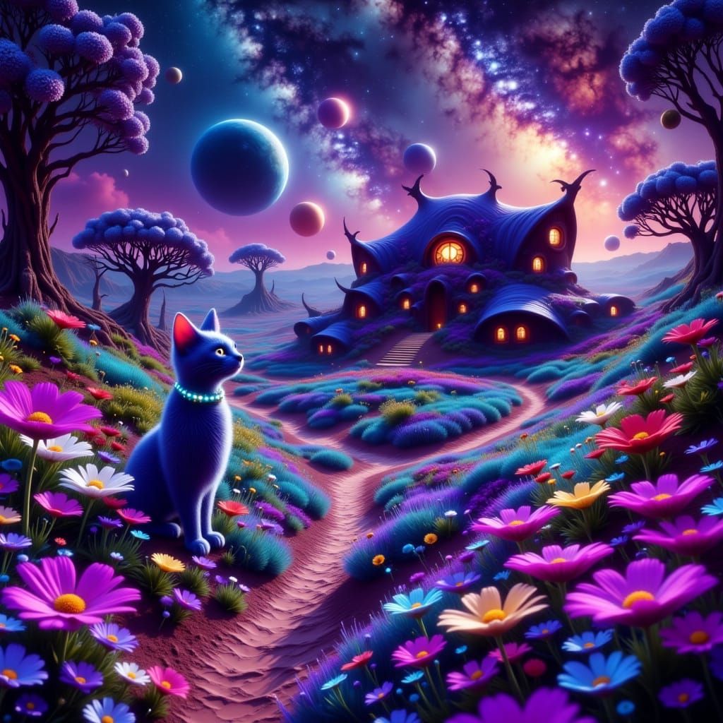 Futuristic Alien Cat Wanders Through Dreamlike Garden