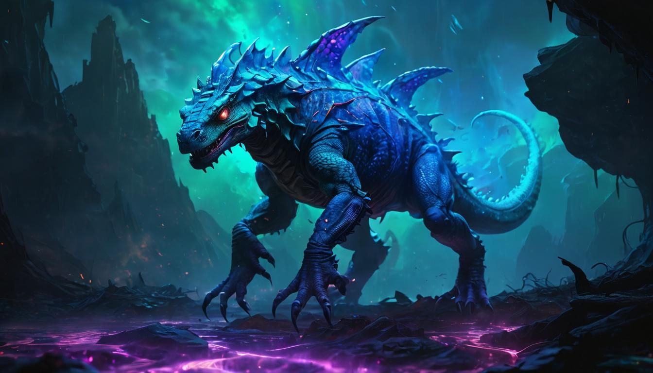 Surreal Reptile in Abyss: Vivid Oil Painting