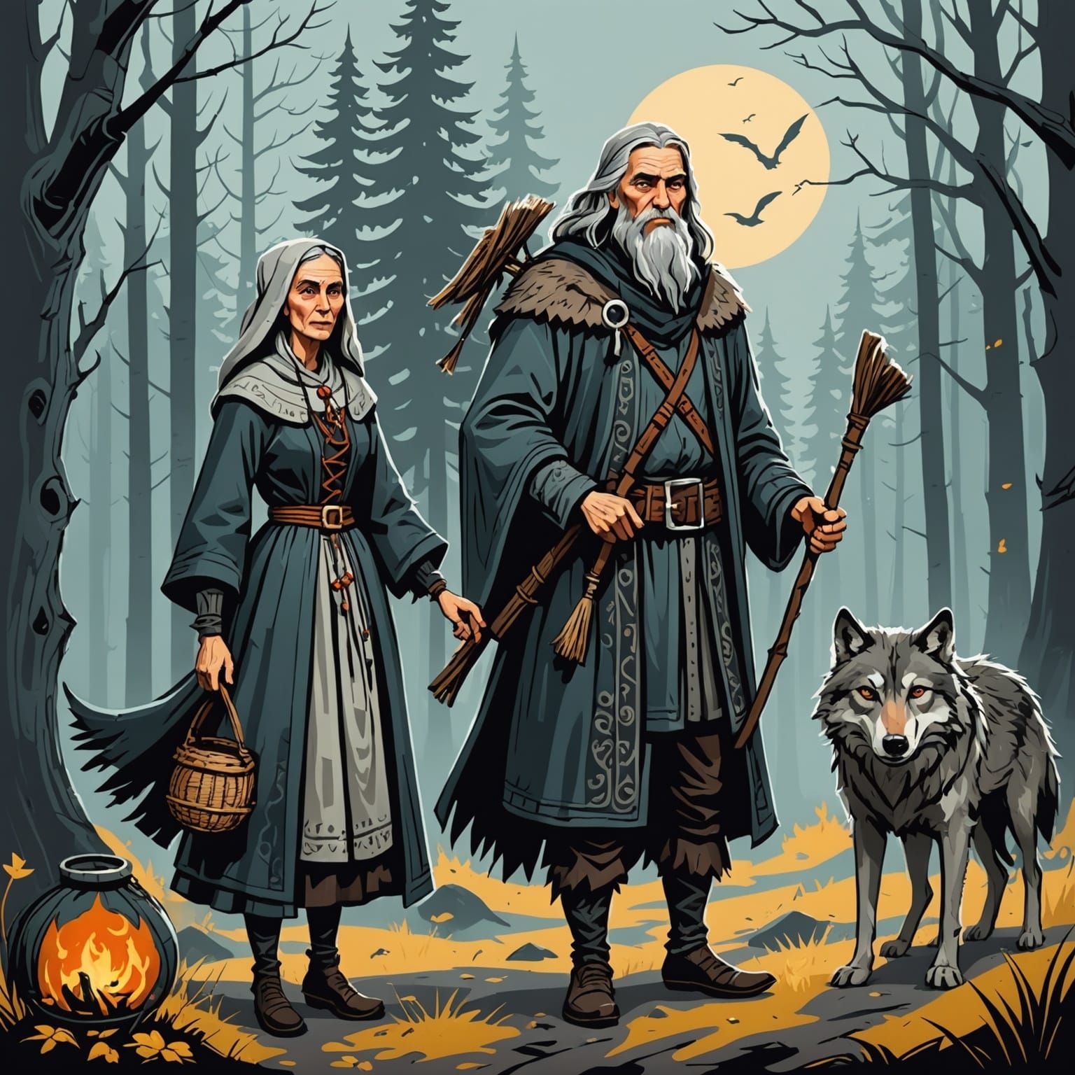 Baba Yaga and Grey Wolf in Russian Folk Art Style