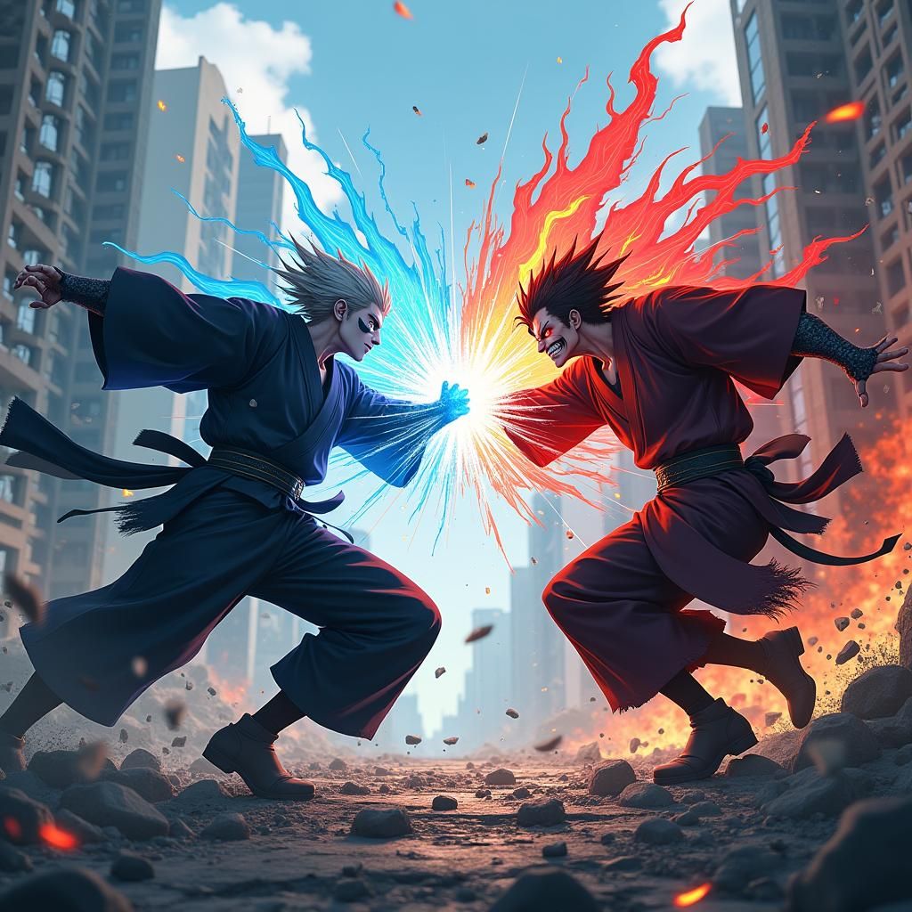 Gojo Satoru and Sukuna Clash in Doomsday Cityscape