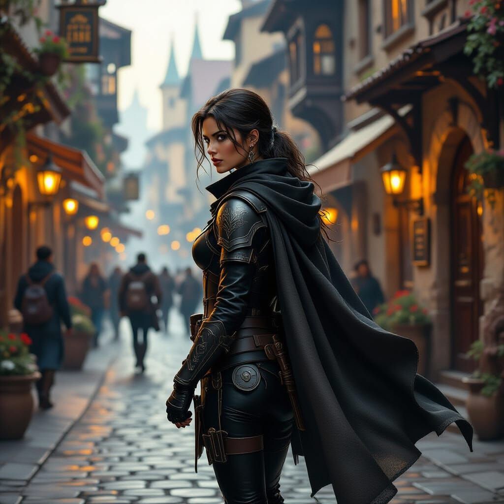 Female Adventurer in Fantasy City, Oil Painting Style