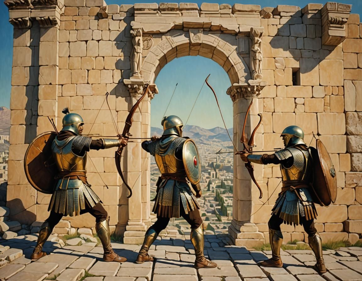Archery,  two ancient Athenian warriors fighting against Persians holding an arch, in front of Walls of Acropolis,  mast...