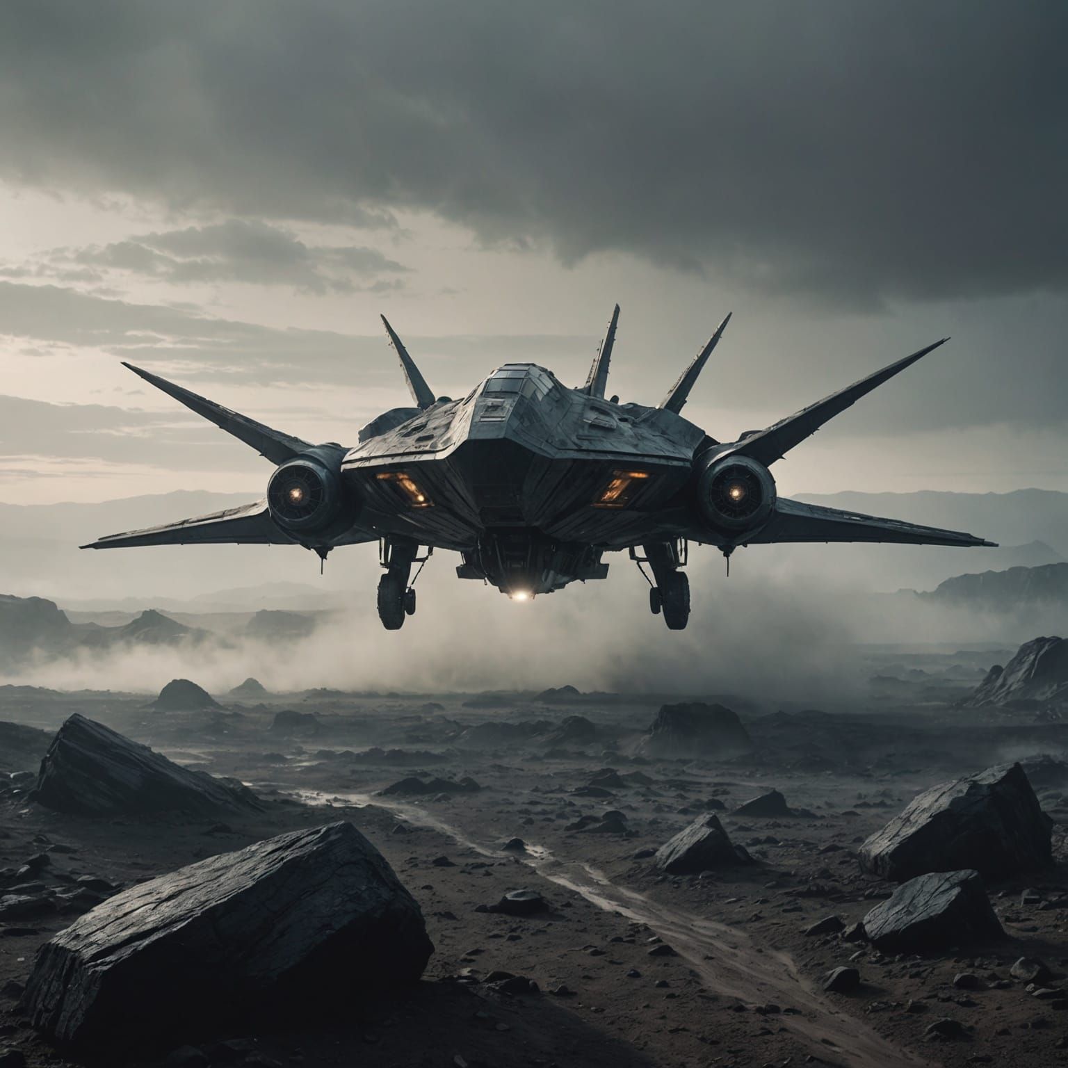 Starship Zooms Across Misty Alien Landscape