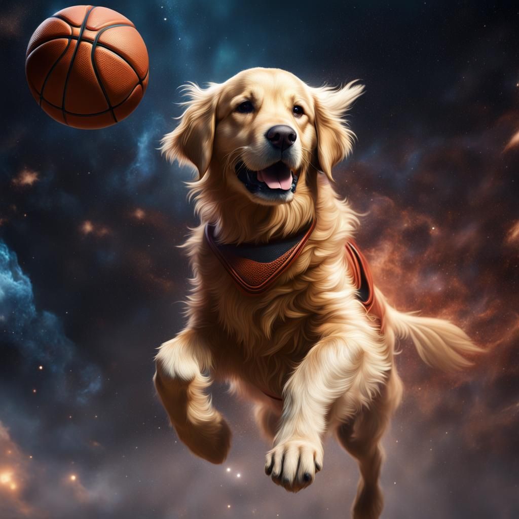 Golden Retriever Plays Basketball in Space: Detailed Matte P...