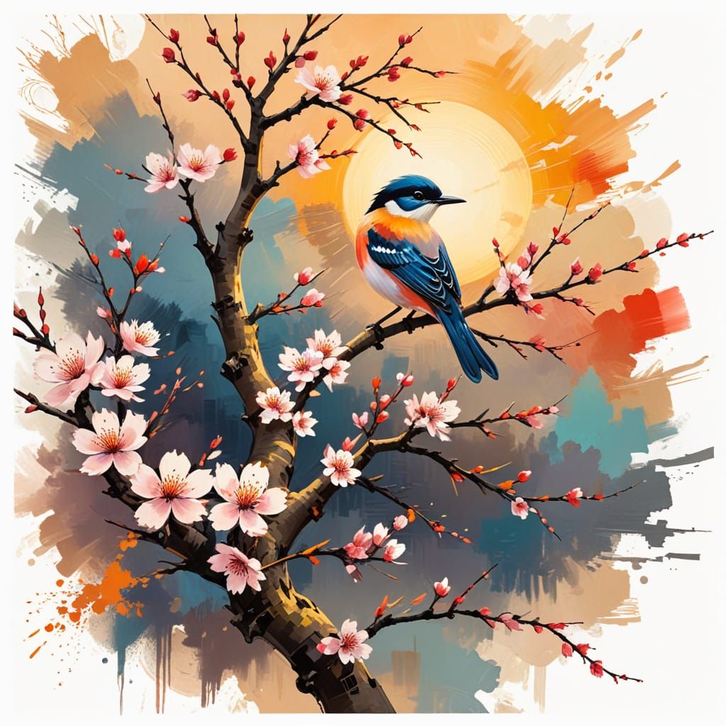 Abstract Blossom Tree Sunset with Bird in Traditional Japane...