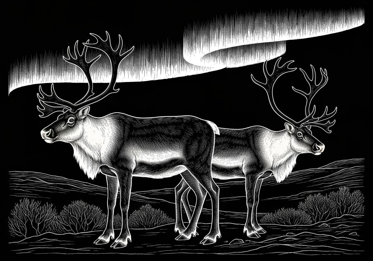 Reindeer Under Aurora Borealis in Sgraffito Style