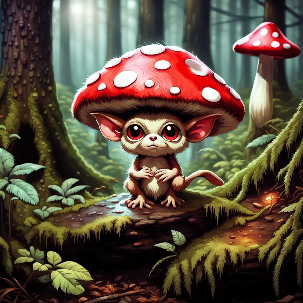 A fuzzy gremlin with oversized ears and button eyes, clutchi...