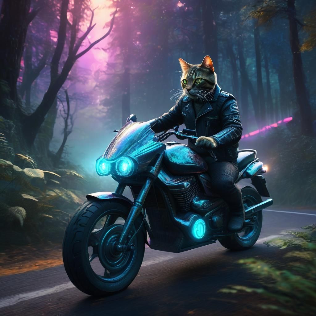 Cat on Motorcycle in Mystical Forest, Fantasy Art