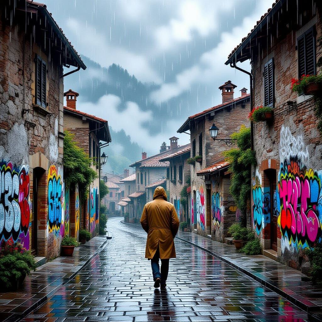 Rainy Day in Italy: Photorealistic Street Scene