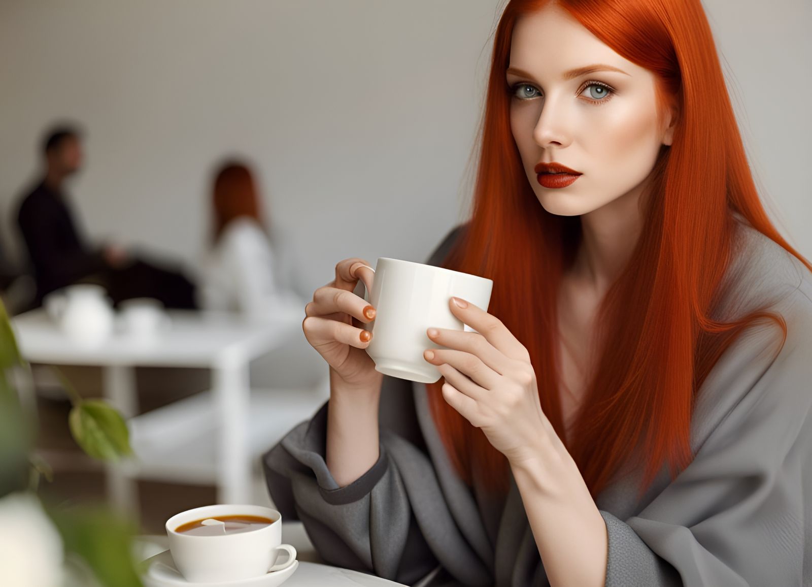 Model with Red Hair Sipping Tea