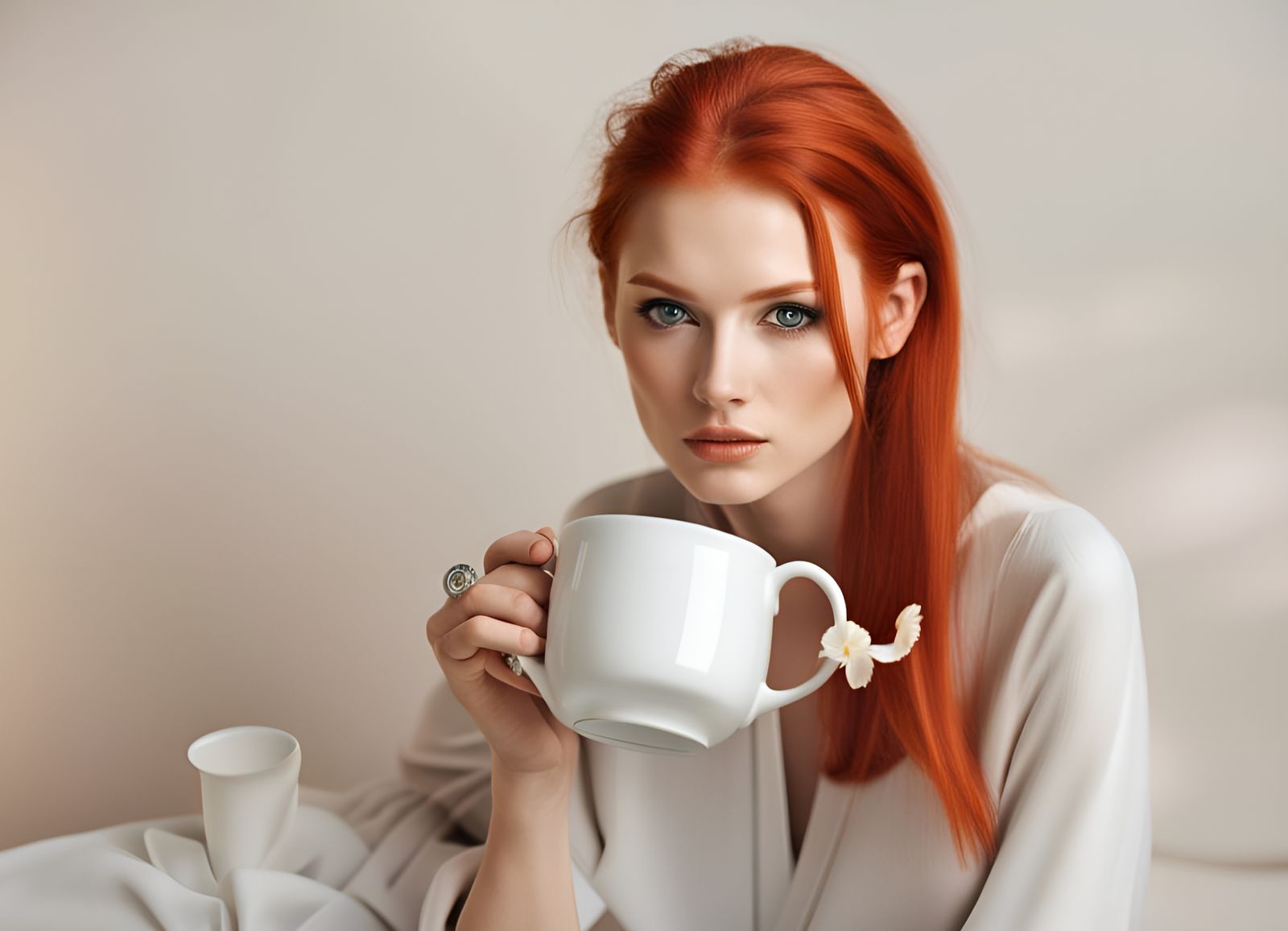 Red-Haired Model Enjoying Tea