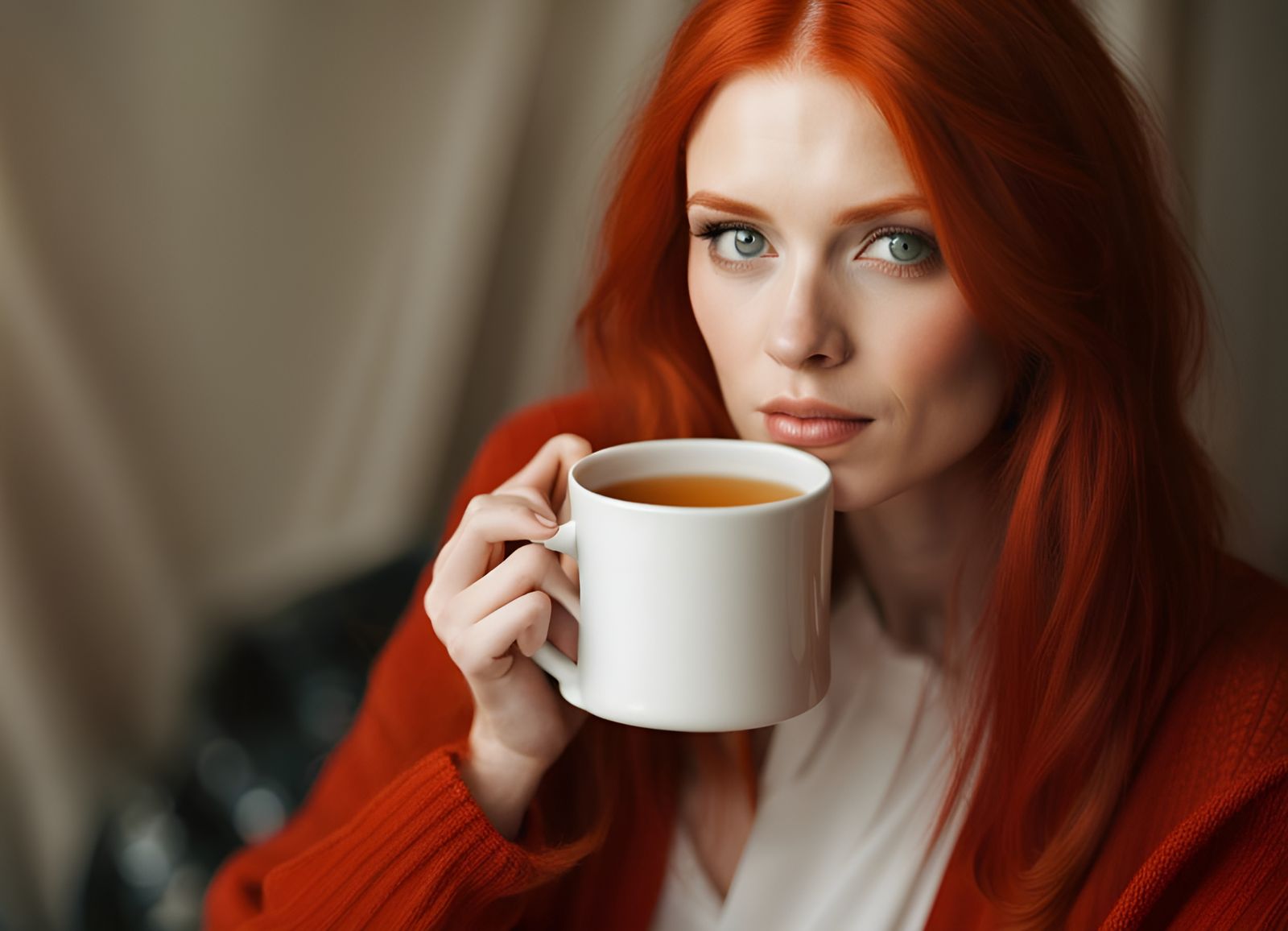 Red-Haired Model Enjoys Tea