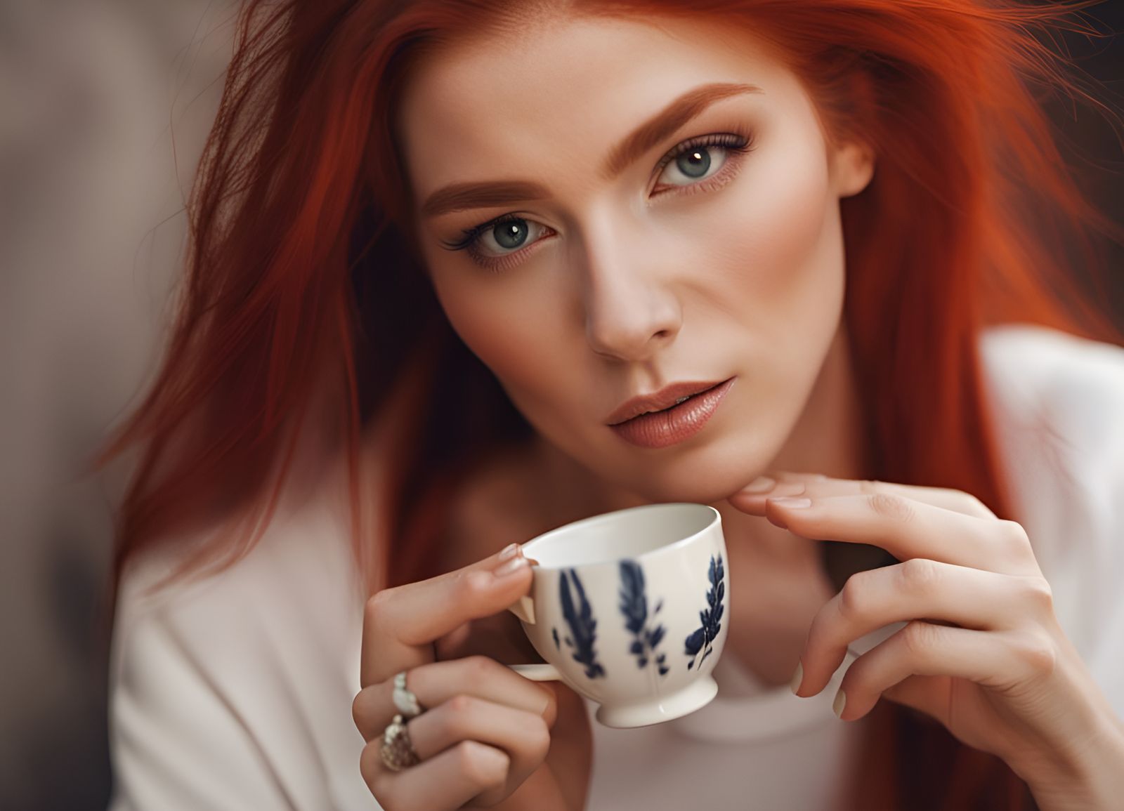 Red-Haired Model Drinking Tea Portrait