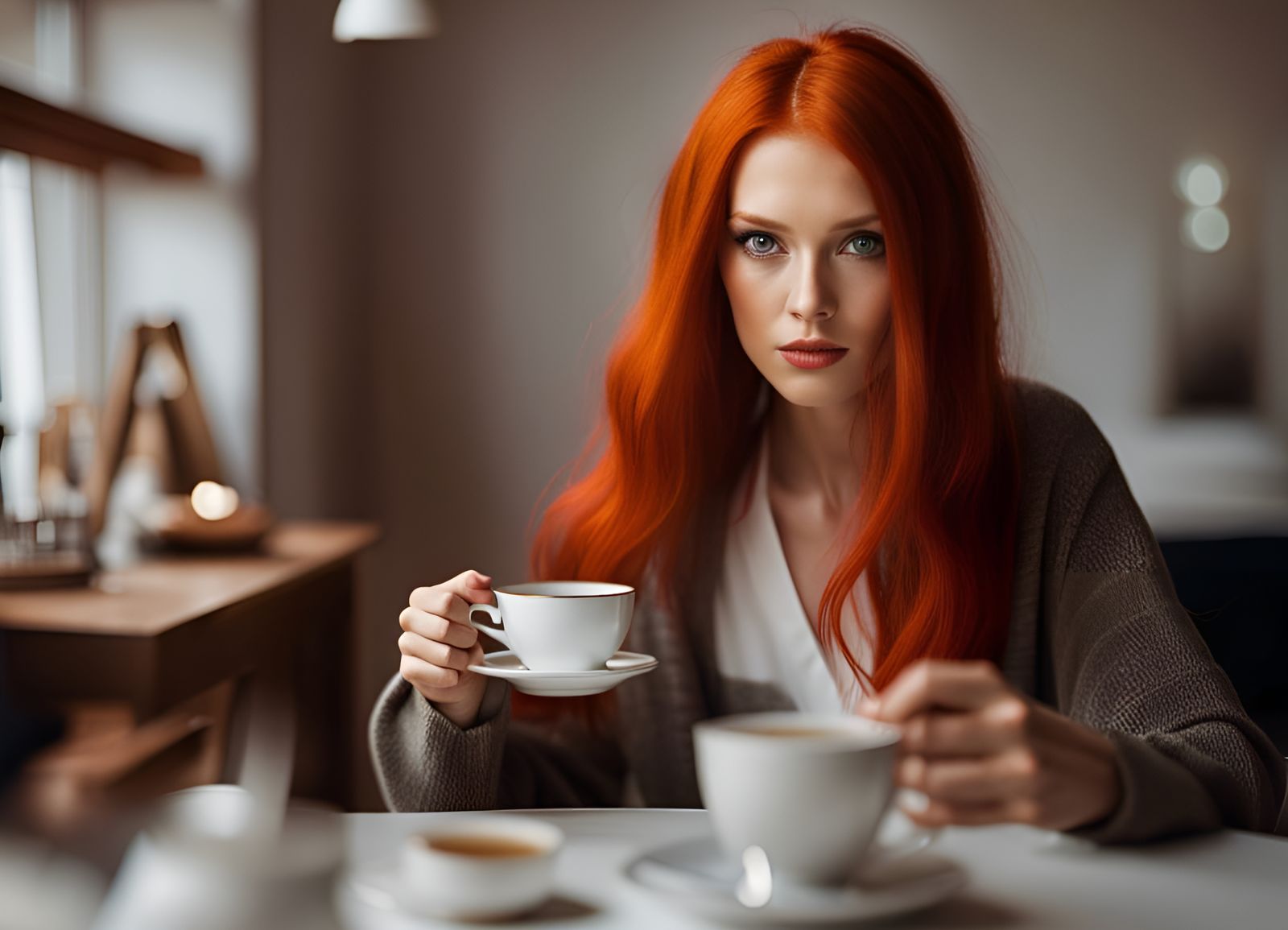 Red-Haired Model Sipping Tea