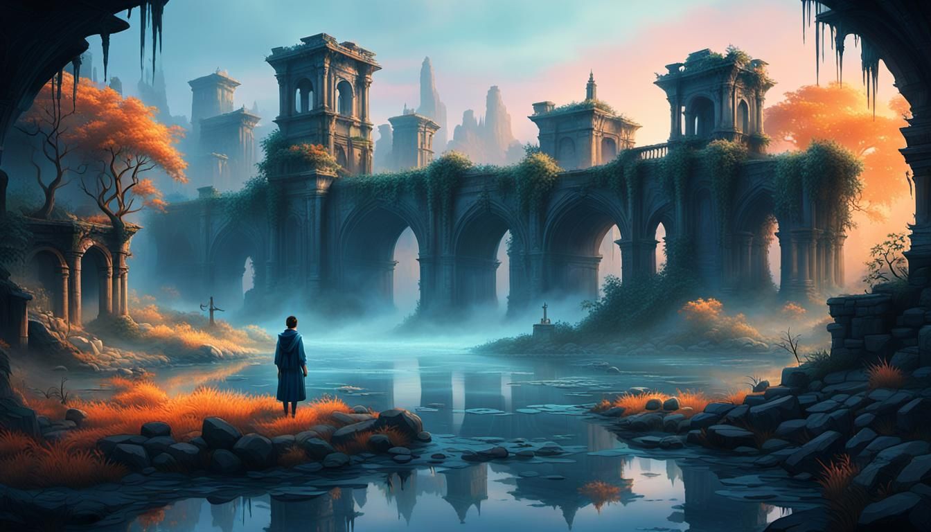 Serene River in Mystical Dreamworld Ruins