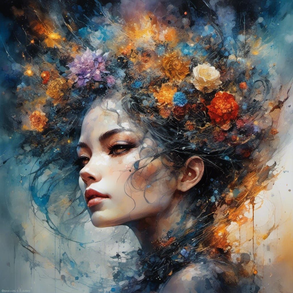 Asian Android in Neon Grunge Kaleidoscope Style