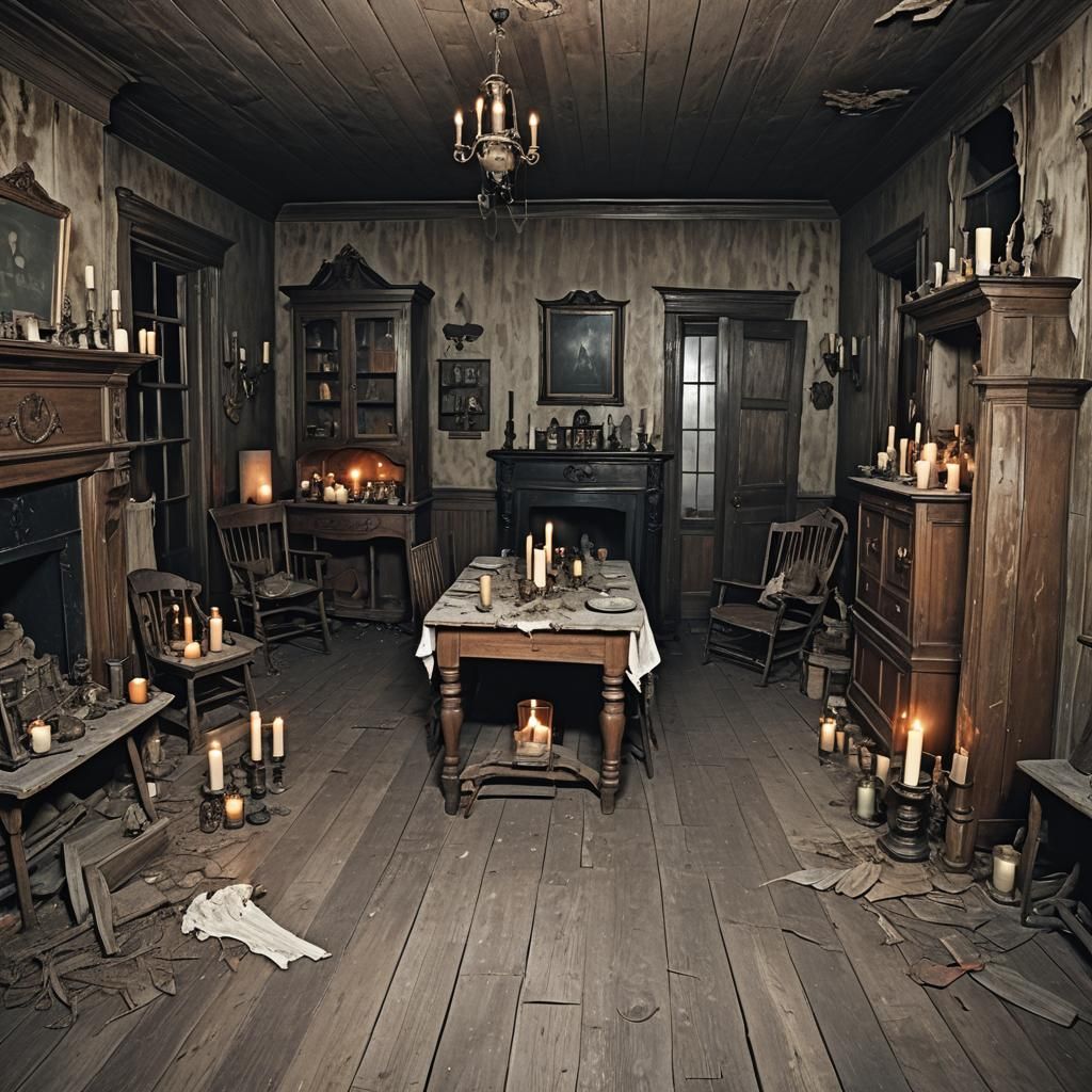 Spooky Haunted House Interior with Apparitions