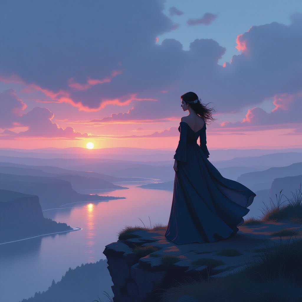 Woman on Cliff Overlooking Serene Landscape