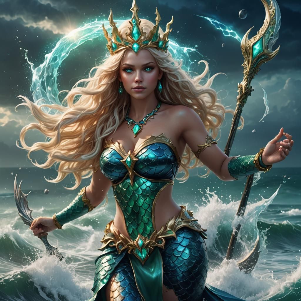 Sparkle Mermaid Goddess with Trident in Fantasy Art