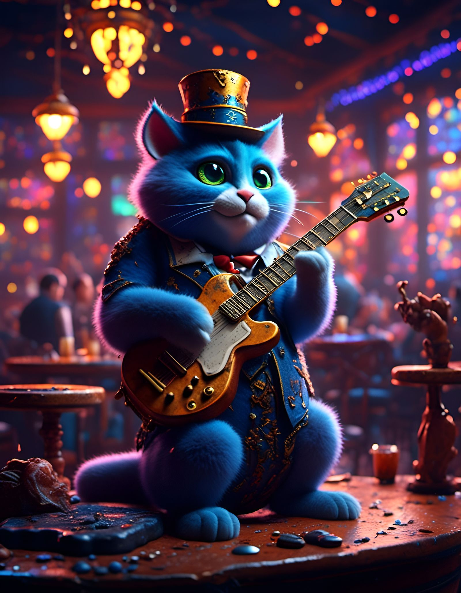 Cat Bluesman on Stage: Detailed Matte Painting