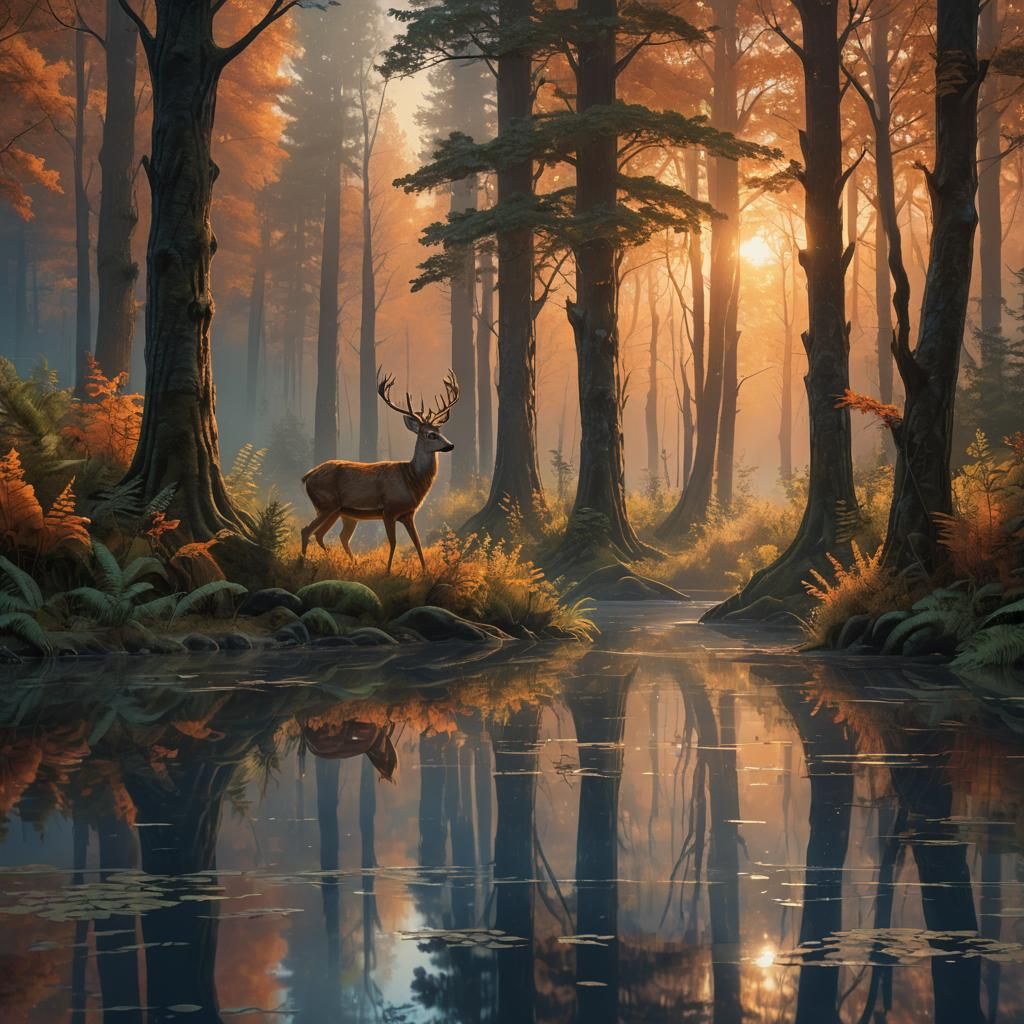 Deer Running Through Woods in Fantasy Style