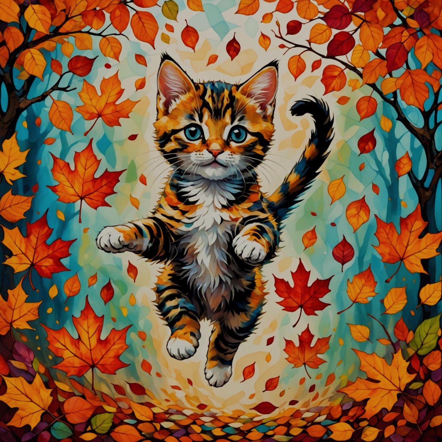 Adorable Kitten Leaping for Stained Glass Autumn Leaves