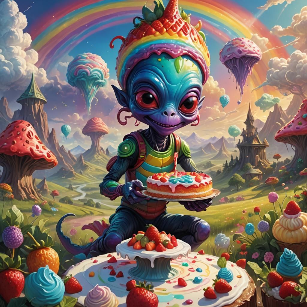 Rainbow Alien Delivers Cake in Fantasy Landscape