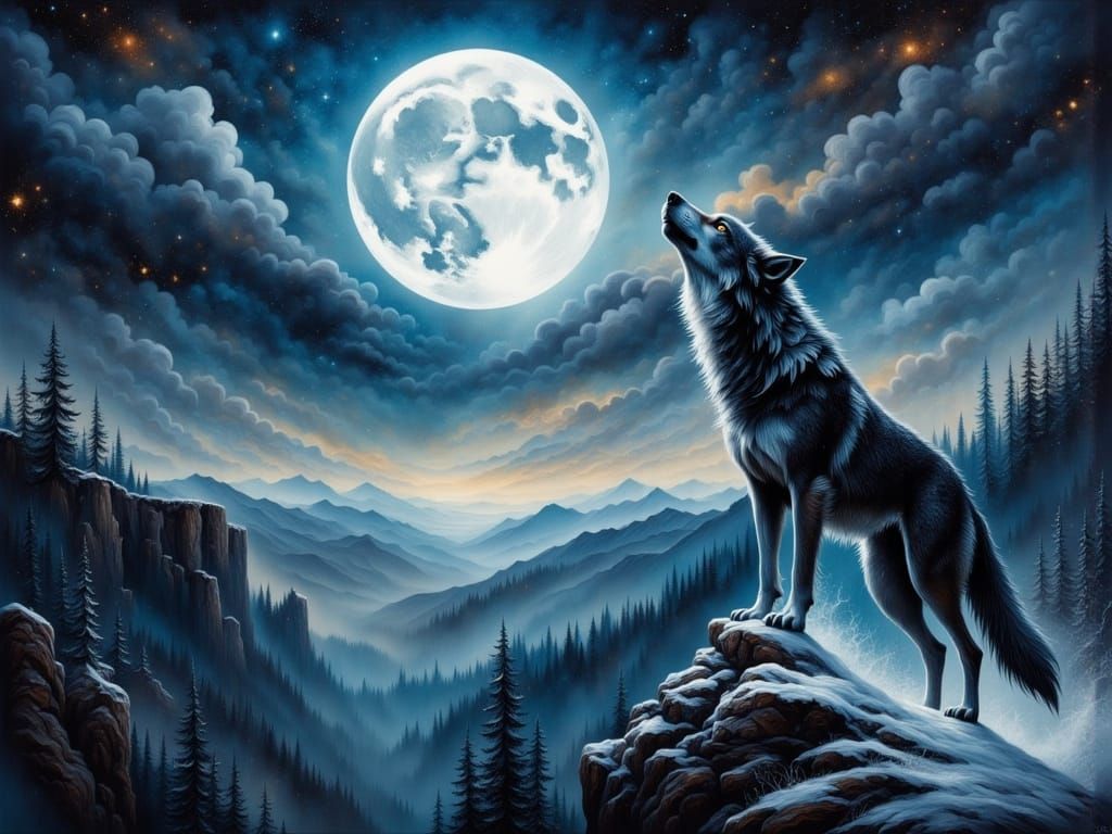 Wolf in Ethereal Moonlit Landscape